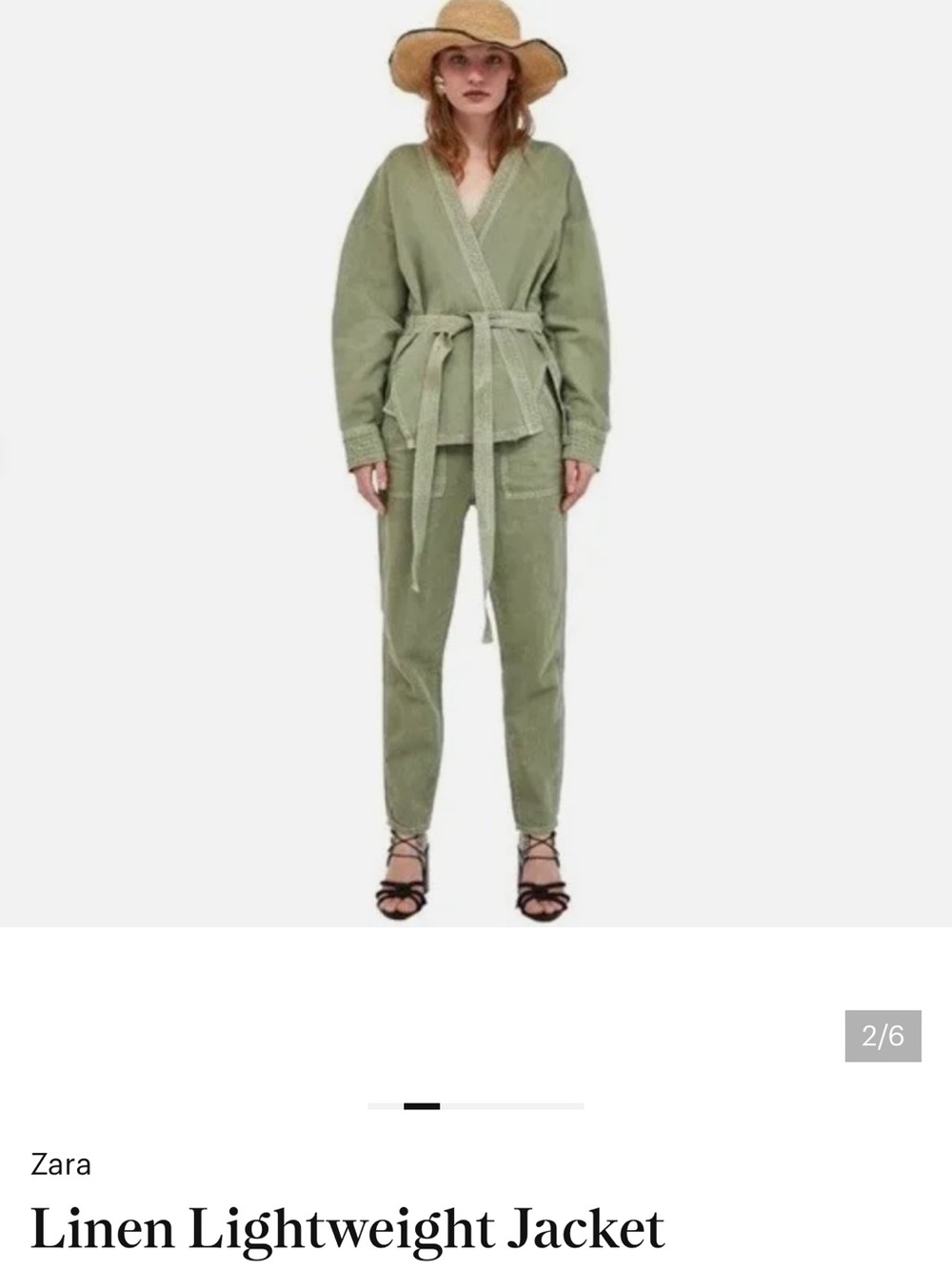 Zara Light Olive green  Linen Belted kimono Utility Jacket Medium